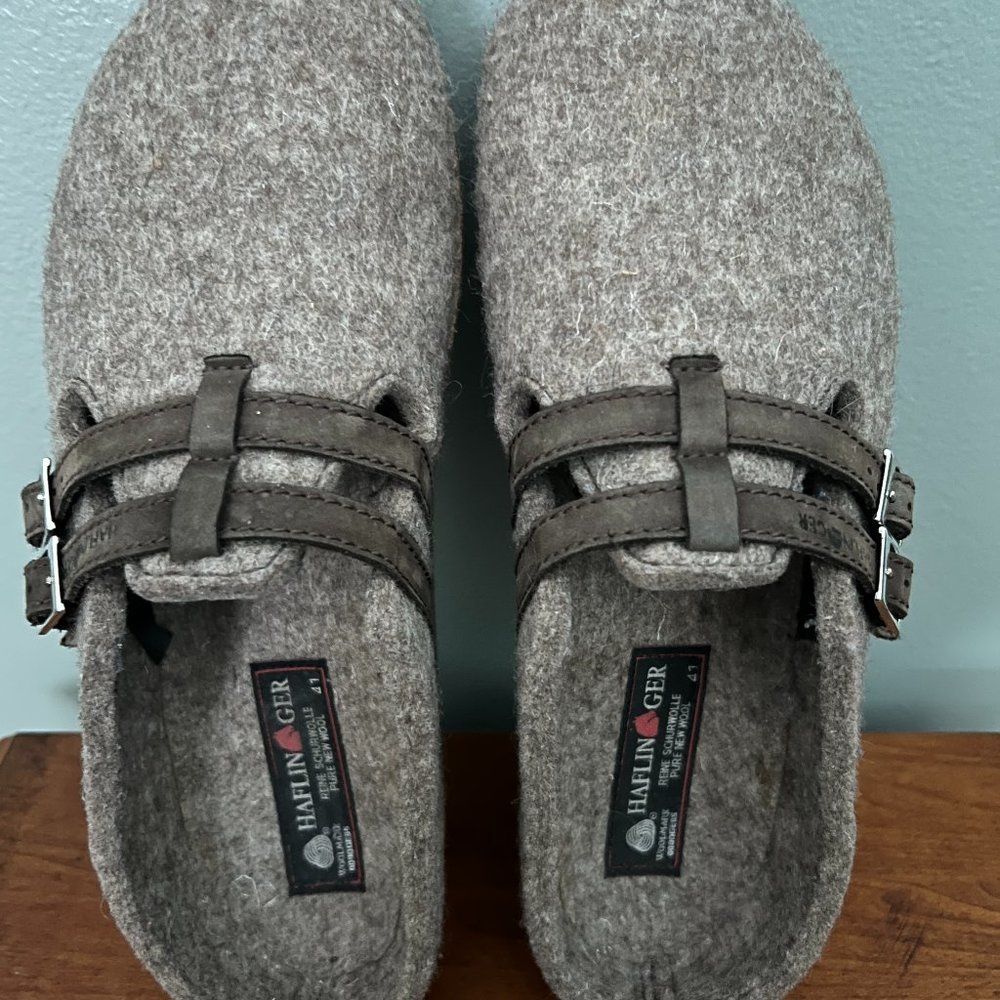 HAFLINGER Haley Beige-Brown Wool Buckle Clogs- Size EU 41 /Women's Size 10 - EUC